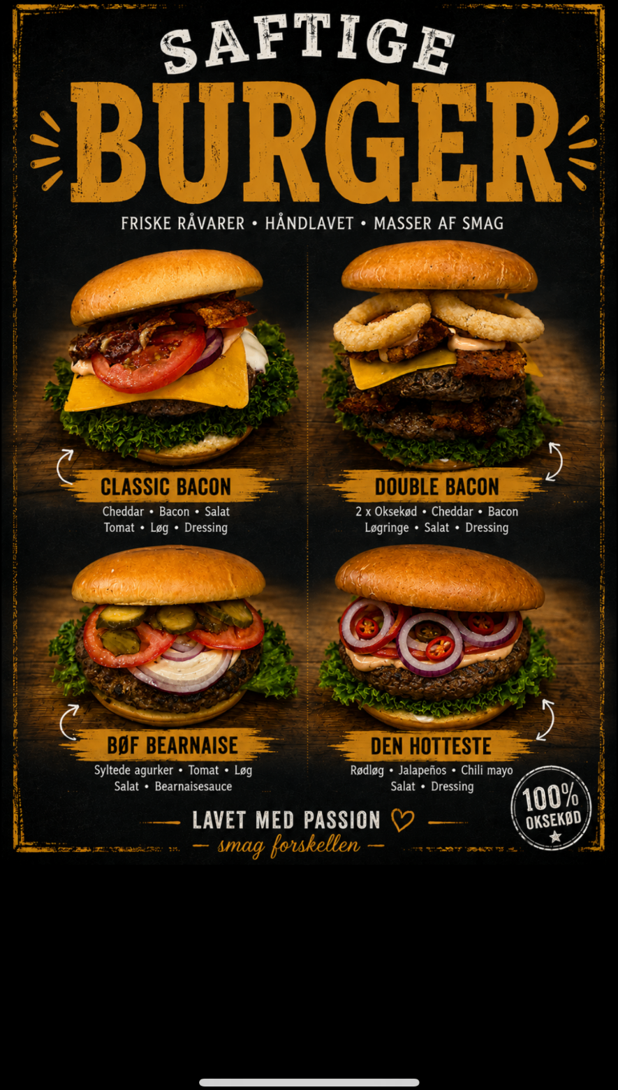 Saftige burgere hos Fars Fede Food Truck: Classic Bacon, Double Bacon, Bøf Bearnaise og Den Hotteste